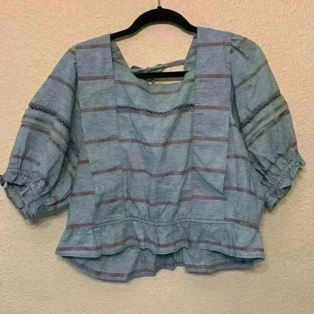 Striped Puff Sleeve Women's Top - Pale Blue